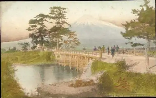 Ak Fuji Präfektur Shizuoka Japan, Vulkan Fuji, Teich, Brücke