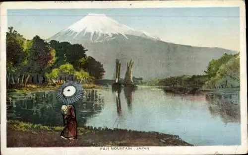 Ak Japan, Berg Fuji, Japanerin im Kimono, YMCA