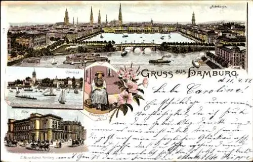 Litho Hamburg Mitte Altstadt, Panorama vom Alsterbassin, Uhlenhorst, Börse, Vierländerin