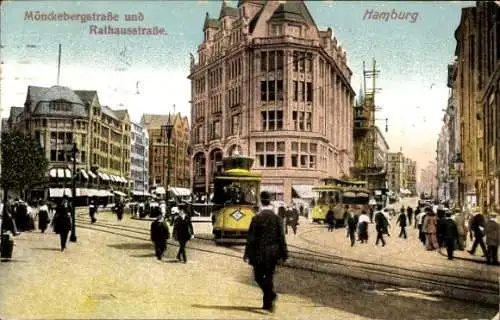 Ak Hamburg, Mönckebergstraße und Rathausstraße, Straßenbahnen