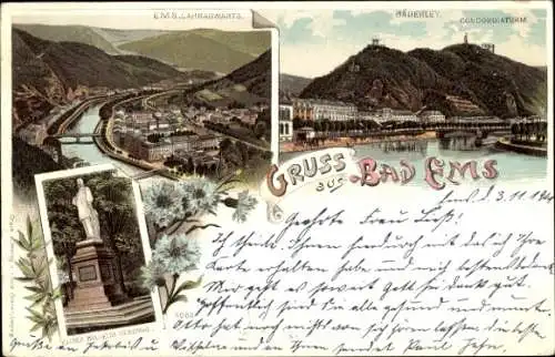 Litho Bad Ems an der Lahn, Bäderley, Concordiaturm, Kaiser Wilhelm Denkmal