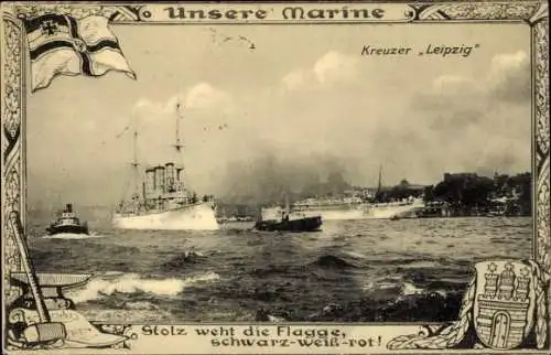 Passepartout Ak Deutsches Kriegsschiff, SMS Leipzig, Kleiner Kreuzer, Fahne, Kaiserliche Marine