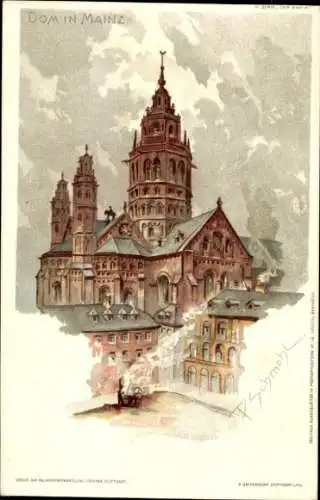 Künstler Litho Schmohl, P., Mainz, Blick auf den Dom, Glockenturm, Fassade