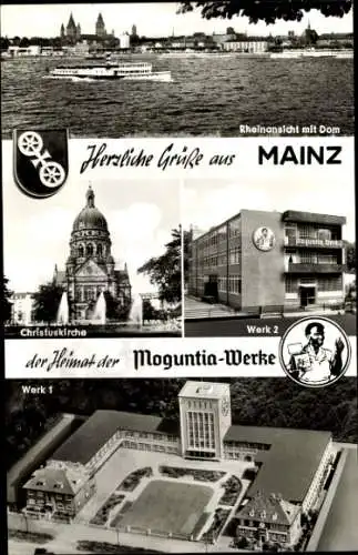 Ak Mainz am Rhein, Rheinansicht mit Dom, Christuskirche, Moguntia-Werke, Werk 2, Werk 1, Wappen