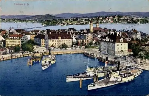 Ak Lindau am Bodensee Schwaben, Teilansicht, Dampfschiffe, Hafen