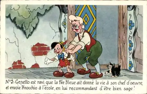 Ak Walt Disney, Pinocchio mit Gepetto, Katze