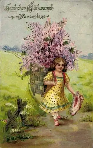 Präge Ak Glückwunsch Namenstag, Mädchen, Blumenkorb