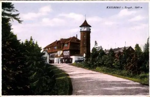 Ak Klínovec Keilberg Erzgebirge Region Karlsbad, Straßenpartie, Turm