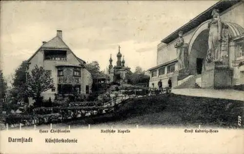 Ak Darmstadt in Hessen, Künstlerkolonie, Haus Christiansen, Russische Kapelle, Ernst-Ludwig-Haus