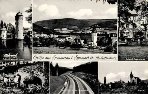 Ak Sommerau Eschau im Spessart, Schloss Mespelbrunn, Schloss Sommerau, Autobahn, Kirche
