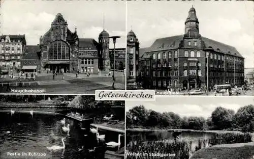 Ak Gelsenkirchen im Ruhrgebiet, Hauptbahnhof, Hauptpost, Ruhrzoo, Weiher, Stadtgarten