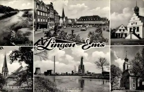 Ak Lingen im Emsland Niedersachsen, Rathaus, Emspartie, Kath. Kirche, Erdölraffinerie