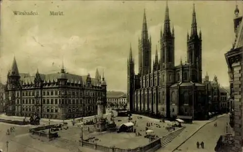 Ak Wiesbaden in Hessen, Markt, Kirche, Denkmal