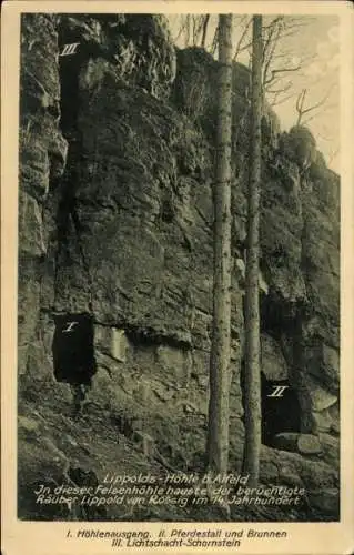 Ak Alfeld an der Leine, Lippolds-Höhle, Felsenhöhle, Räuber Lippold von Rössig, Höhlenausgang