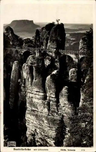 Ak Elbsandsteingebirge, Sächsische Schweiz, Basteibrücke mit Lilienstein, M. Seidel Schmilka 175