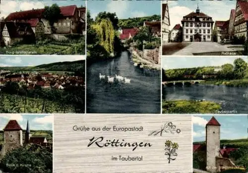 Ak Röttingen an der Tauber Unterfranken, Europastadt, Kirche, Stadtmauer, Rathaus, Burg Brattenstein