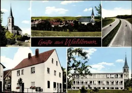 Ak Waldbrunn, Totalansicht, Kirche, Autobahn, Schulhaus, Gaststätte Lebensmittel Uehlein