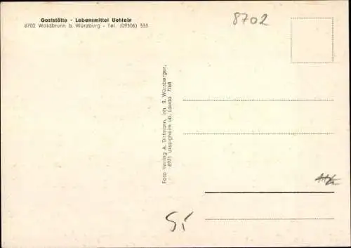 Ak Waldbrunn, Totalansicht, Kirche, Autobahn, Schulhaus, Gaststätte Lebensmittel Uehlein