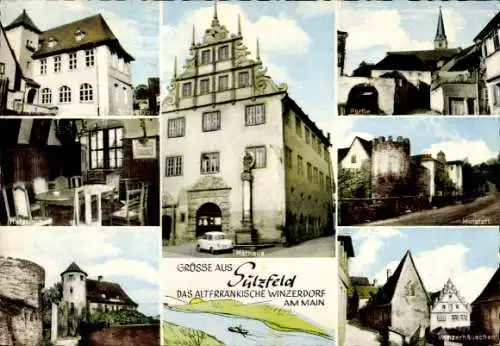 Ak Sulzfeld am Main im Kreis Kitzingen, Winzerhäuschen, Schulhaus, Rathaus, Kirchturm