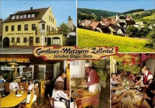 Ak Zell Üchtelhausen in Unterfranken, Gesamtansicht, Gasthaus und Metzgerei Zellertal