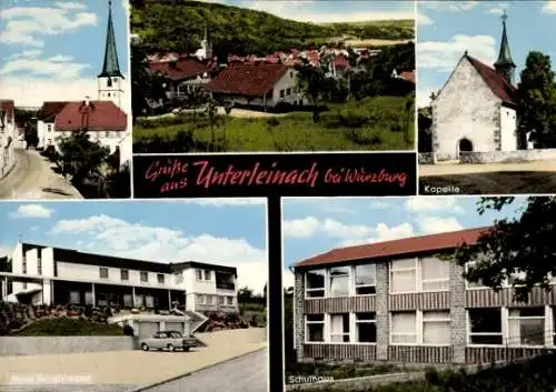 Ak Unterleinach Leinach in Unterfranken, Totalansicht, Kapelle, Kirche, Haus Bergfrieden, Schulhaus