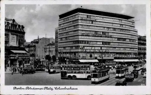 Ak Berlin Tiergarten, Potsdamer Platz, Columbushaus, Busse, Berlin raucht Juno