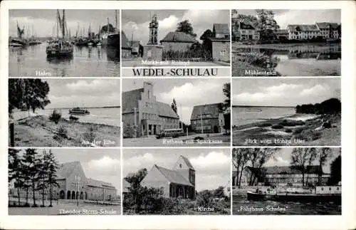 Ak Schulau Wedel im Kreis Pinneberg, Hafen, Markt, Mühlenteich, Theodor-Storm-Schule, Kirche