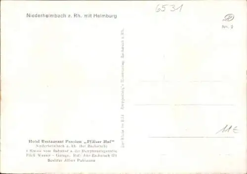 Ak Niederheimbach am Rhein, Teilansicht, Heimburg, Hotel-Restaurant-Pension Pfälzer Hof