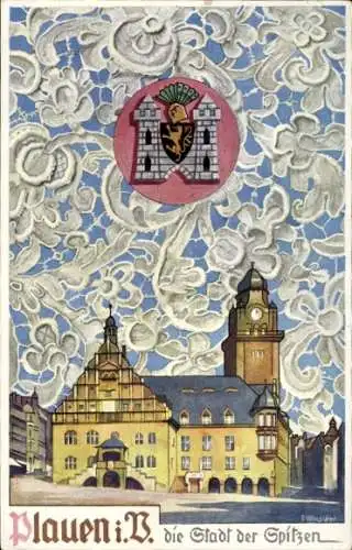 Künstler Ak Winslöw, E., Plauen im Vogtland, Rathaus, Spitze, Wappen