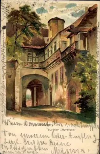 Künstler Litho K., M., Hainstadt Breuberg im Odenwald, Burg Breuberg, Burghof und Rittersaal