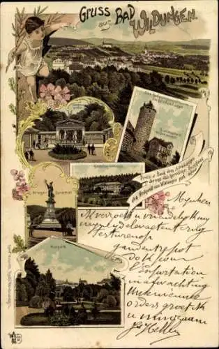 Litho Bad Wildungen in Nordhessen, Badelogierhaus, Kriegerdenkmal, Kurpark, Totalansicht