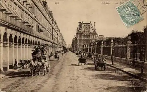 Ak Paris Louvre, La Rue de Rivoli, Kutsche