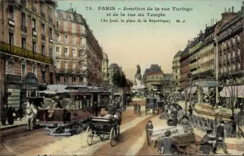 Ak Paris III, Rue de Turbigo, Rue du Temple, Straßenbahn