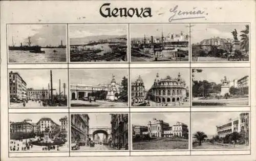 Ak Genova Genua Liguria, Hafen, Denkmal, Gebäude, Tor, Platz