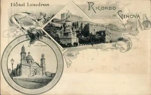 Litho Genova Genua Ligurien, Chiesa S. Maria in Carignano, Piazza Acquaverde, Hotel Londres