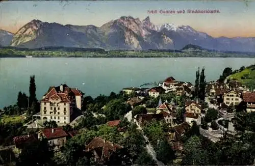 Ak Gunten am Thunersee Kanton Bern, Blick über den Ort auf Stockhornkette