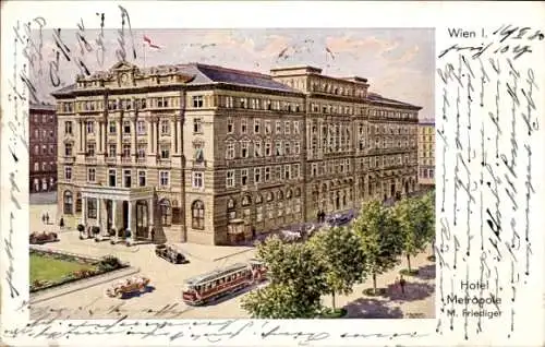 Künstler Ak Wien 1 Innere Stadt, Hotel Metropole, Straßenbahn