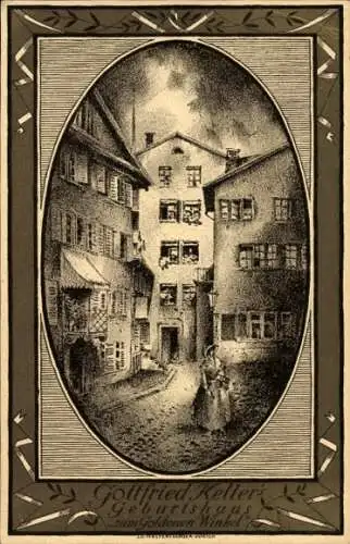 Ganzsachen Künstler Ak Schweizer Bundesfeier 1919, Gottfried Kellers Geburtshaus Zum goldenen Winkel