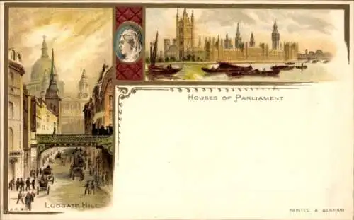 Litho London England, Houses of Parliament, Ludgate Hill