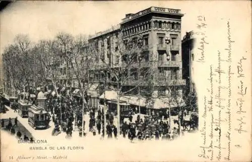 Ak Barcelona Katalonien Spanien, Rambla de las Flores, Straßenbahn