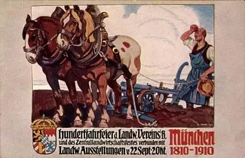 Ak München, Landwirtschaftsausstellung 1910, Hundertjahrfeier Landwirtsch. Verein, Pferdepflug