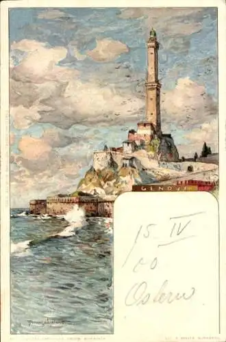 Künstler Litho Wielandt, Manuel, Genova Genua Ligurien, Küstenpartie, Leuchtturm