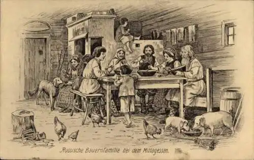 Künstler Ak Russland, Russische Bauernfamilie beim Mittagessen, Hund, Schweine, Hühner