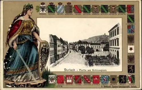 Präge Wappen Ak Durlach Karlsruhe in Baden, Schlossplatz, Baden, Sachsen, Bayern
