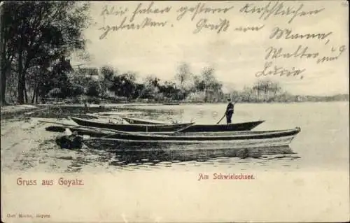 Ak Goyatz Schwielochsee in der Niederlausitz, Boote am Seeufer