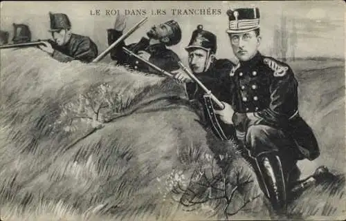 Ak König Albert I von Belgien mit Soldaten im Schützengraben, I WK