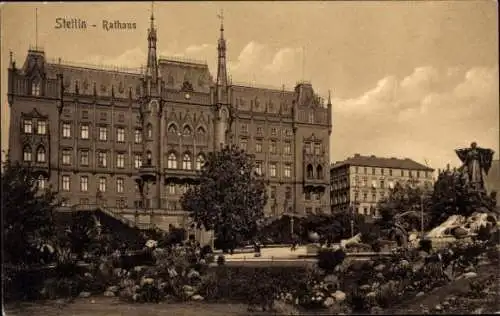 Ak Szczecin Stettin Pommern, Rathaus, Brunnen