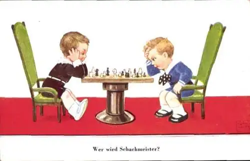 Künstler Ak Wills, John, Zwei Jungen spielen Schach, Wer wird Schachmeister