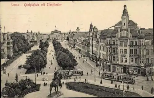 Ak Szczecin Stettin Pommern, Königsplatz, Stadttheater, Straßenbahnen