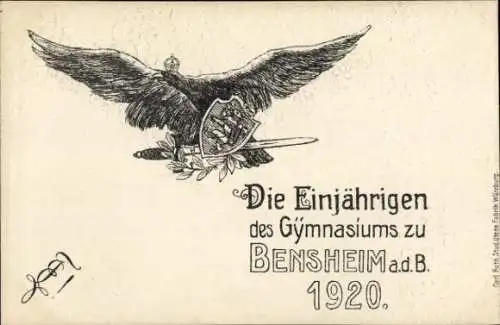 Studentika Ak Bensheim an der Bergstraße Hessen, Die Einjährigen des Gymnasiums 1920, Adler, Schwert